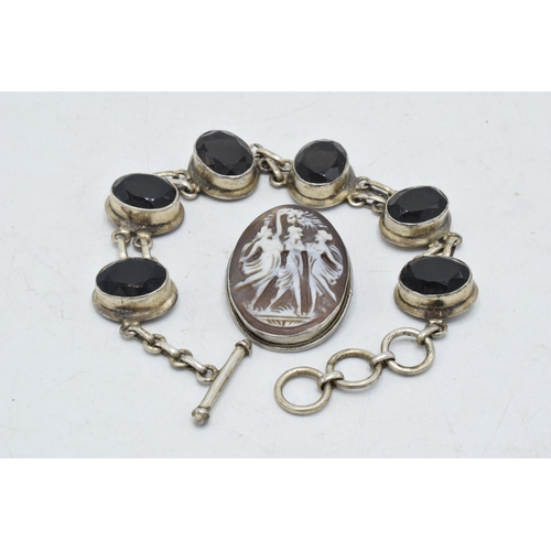 183 - Silver framed Three Graces cameo brooch together with chunky silver bracelet (2).