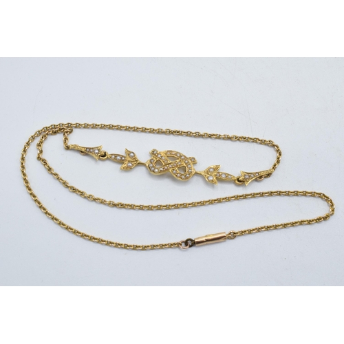 189 - Staffordshire Interest: 18ct gold Stafford Knot set with pearls on a 15ct gold necklace / chain, com... 