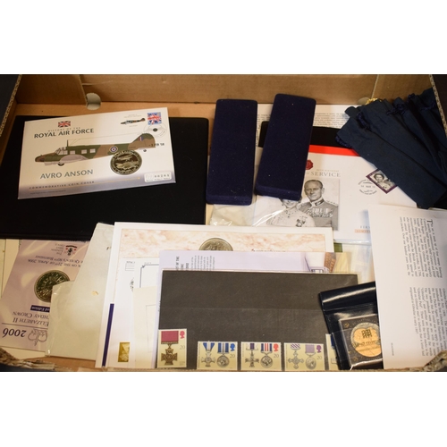 19 - A collection of First Day Cover stamps and coins and gold plated spoons (Qty).