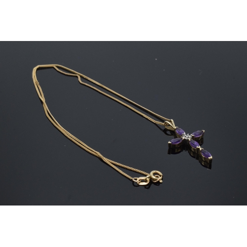 203 - 9ct gold chain with 9ct gold amethyst and diamond set crucifix, 2.8 grams, chain 41cm long.