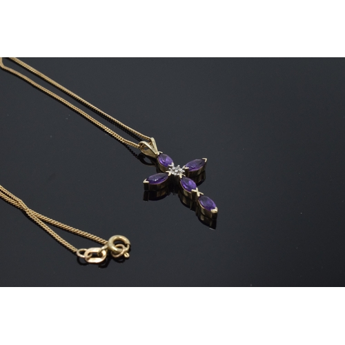 203 - 9ct gold chain with 9ct gold amethyst and diamond set crucifix, 2.8 grams, chain 41cm long.