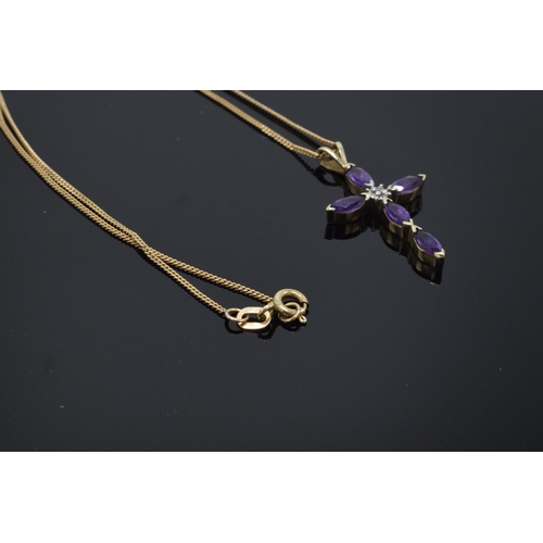 203 - 9ct gold chain with 9ct gold amethyst and diamond set crucifix, 2.8 grams, chain 41cm long.