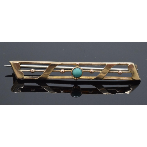 210 - 9ct gold sweetheart bar brooch set with turquoise stone, 5cm wide, base metal pin.