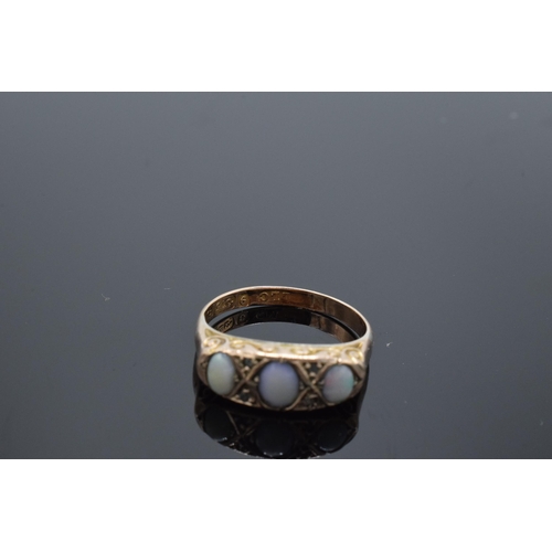 220 - 9ct gold 3 stone opal ring, Birmingham 1904, UK size N/O. 1.9 grams.