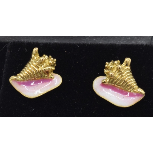 237 - Kabana 18ct gold and enamel conch shell earrings.