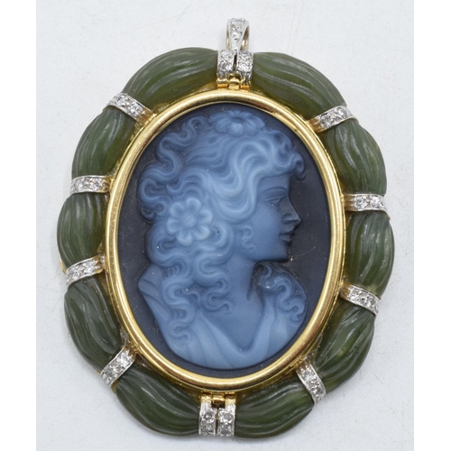 239 - 18ct gold, diamond, nephrite and carved glass cameo pendant / brooch, fully hallmarked, 5.5cm long.