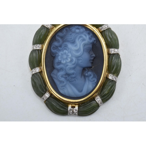 239 - 18ct gold, diamond, nephrite and carved glass cameo pendant / brooch, fully hallmarked, 5.5cm long.