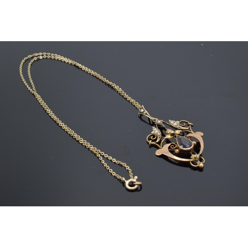 243 - Antique 9ct gold amethyst and pearl pendant on 9ct gold chain, combined weight 3.0 grams, chain 41cm... 