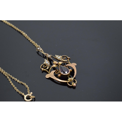 243 - Antique 9ct gold amethyst and pearl pendant on 9ct gold chain, combined weight 3.0 grams, chain 41cm... 