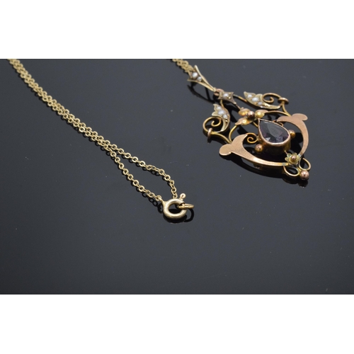 243 - Antique 9ct gold amethyst and pearl pendant on 9ct gold chain, combined weight 3.0 grams, chain 41cm... 