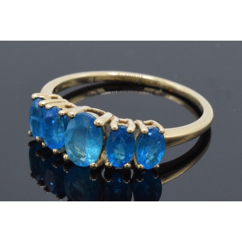 245 - 9ct gold neon apatite five stone ring, 2.3 grams, size Q/R.