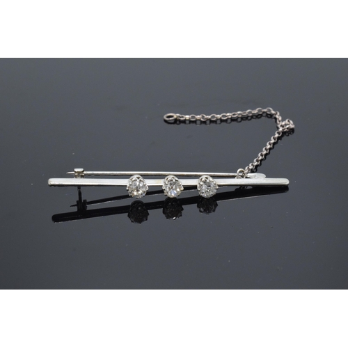 246 - 18ct white gold 3 stone old cut diamonds bar brooch, approx 45 points per stone, 4.4 grams, with saf... 