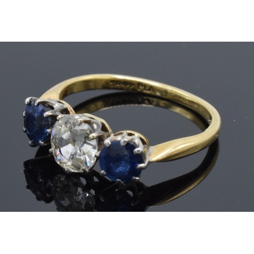 247 - 18ct gold and platinum antique ring set with sapphires and diamond, 3.4 grams, approx 0.65-0.75 cara... 