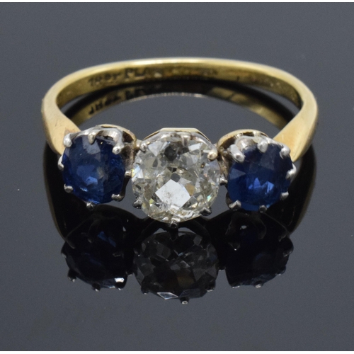 247 - 18ct gold and platinum antique ring set with sapphires and diamond, 3.4 grams, approx 0.65-0.75 cara... 