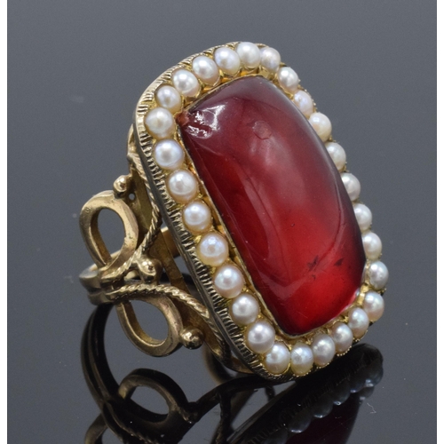 Antique 9ct gold large ring set with cherry amber (or similar) and cultured pearls, 12.8 grams, size N.