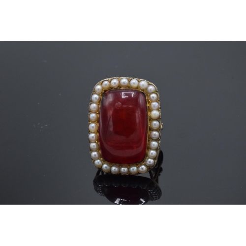 252 - Antique 9ct gold large ring set with cherry amber (or similar) and cultured pearls, 12.8 grams, size... 