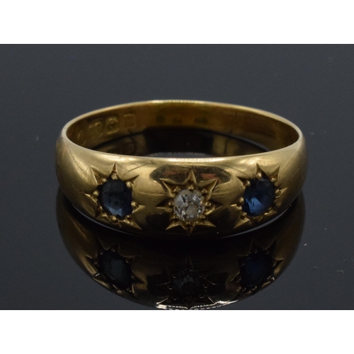 264 - 18ct gold Edwardian sapphire and diamond gypsy ring, Birmingham 1911, 4.1 grams, size R.