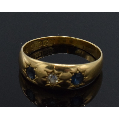 264 - 18ct gold Edwardian sapphire and diamond gypsy ring, Birmingham 1911, 4.1 grams, size R.