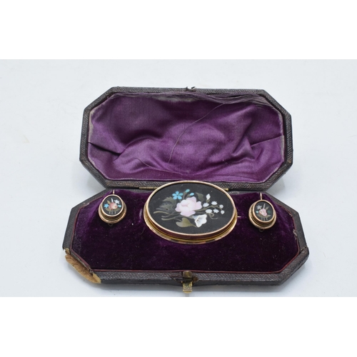 268 - Cased Victorian suite of Pietra Dura in gold frame with floral decoration to consist of a pair of ea... 