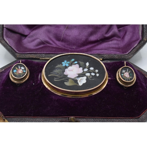 268 - Cased Victorian suite of Pietra Dura in gold frame with floral decoration to consist of a pair of ea... 