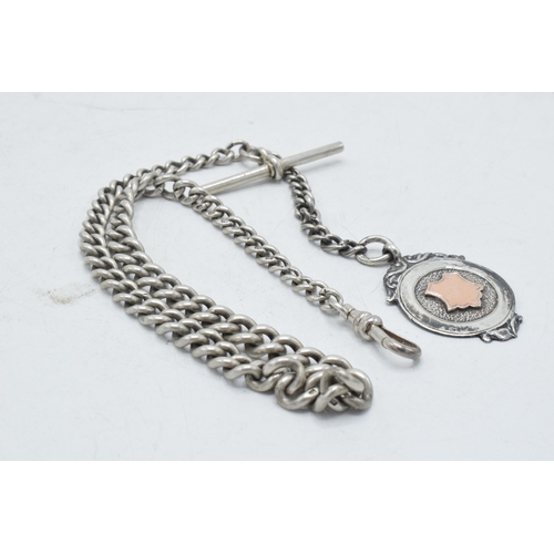 62 - Hallmarked silver Albert watch chain with T-bar and fob, 35.5 grams, 39cm long.