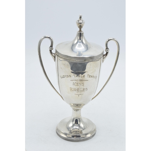 82 - Hallmarked silver lidded trophy 'Lloyds Table Tennis Mens Singles', 263.2 grams / 8.46 oz, Birmingha... 