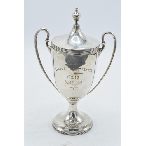 82 - Hallmarked silver lidded trophy 'Lloyds Table Tennis Mens Singles', 263.2 grams / 8.46 oz, Birmingha... 