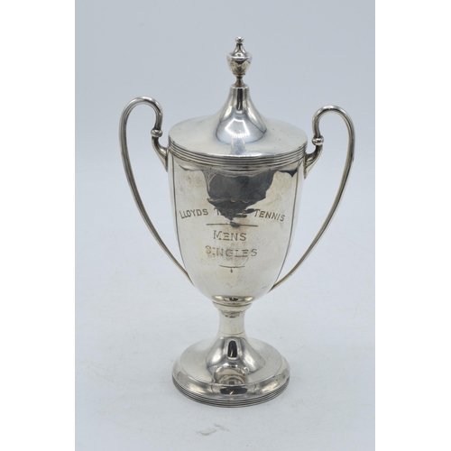 82 - Hallmarked silver lidded trophy 'Lloyds Table Tennis Mens Singles', 263.2 grams / 8.46 oz, Birmingha... 