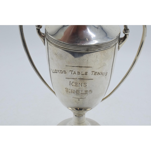 82 - Hallmarked silver lidded trophy 'Lloyds Table Tennis Mens Singles', 263.2 grams / 8.46 oz, Birmingha... 