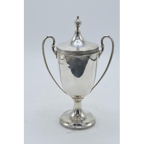 82 - Hallmarked silver lidded trophy 'Lloyds Table Tennis Mens Singles', 263.2 grams / 8.46 oz, Birmingha... 