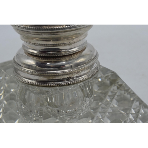 92 - Early 20th century silver and glass inkwell, liner damaged, 18cm long (unmarked silver).