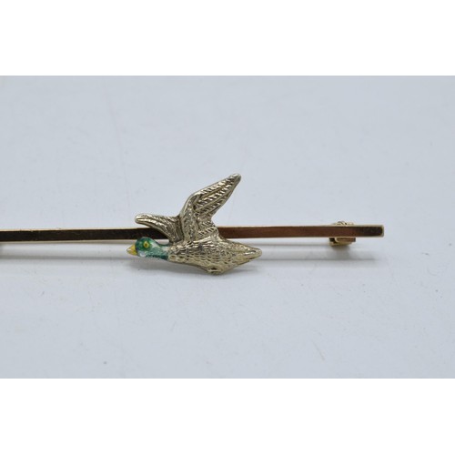 187 - 9ct gold bar brooch with enamelled Mallard duck. 3.1 grams.