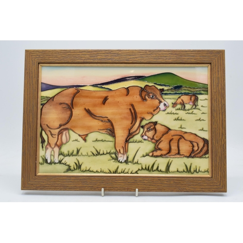 92 - Framed Moorcroft trial plaque Limousins, 37 x 26cm.