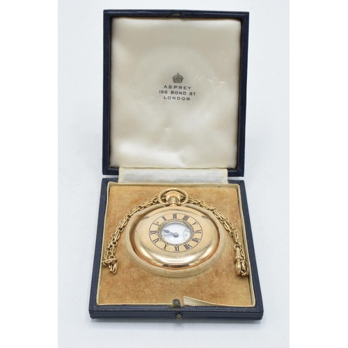 9ct gold Half Hunter Vertex Asprey pocket watch, in original box, with 9ct gold chain, winds and ticks, pocket watch gross weight 96.8 grams, chain weighs 7.7 grams, 33cm long. Dedication to reverse 'W. Henry Quarmby... 50 Years Loyal Service Shelton Steel Works'.