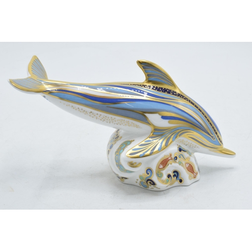 3 - Royal Crown Derby paperweight in the form of a Striped Dolphin. First quality with gold stopper.