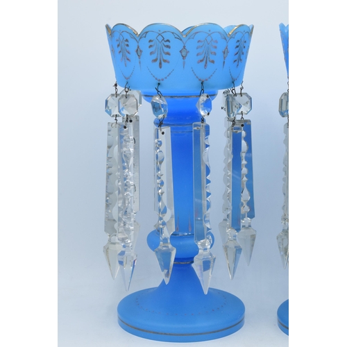 30 - Antique pair of opaque blue lustres with prismatic drops (2), 35cm tall, together with a collection ... 