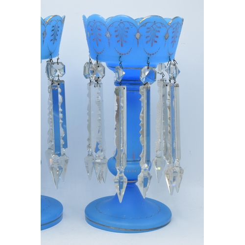 30 - Antique pair of opaque blue lustres with prismatic drops (2), 35cm tall, together with a collection ... 