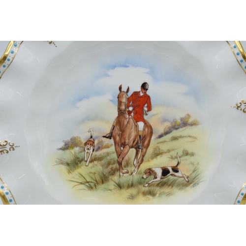 38 - Royal Crown Derby shaped-edge cabinet plate of a traditional hunting scene, signed 'J. Doyle', 26.5c... 