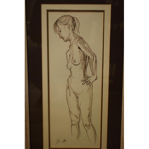 399 - Framed contemporary nude of a lady posed with hands on her hips, 40 x 15cm exc fram and border, sign... 