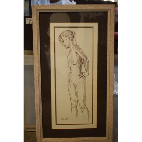 399 - Framed contemporary nude of a lady posed with hands on her hips, 40 x 15cm exc fram and border, sign... 