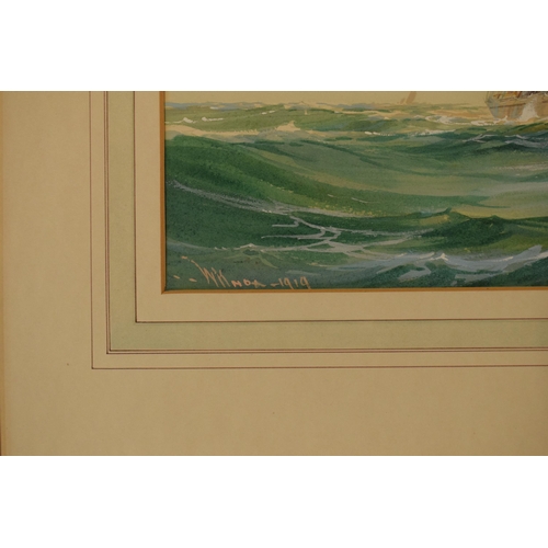 400 - Framed Wilfred Knox (1884-1966) watercolour 'Clipper at Sea', 25 x 36, dated 1919, mounted and frame... 