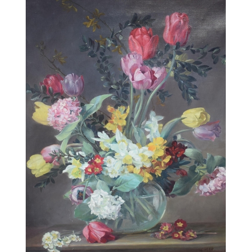 404 - Albert Williams (British 1922-2010) oil on canvas, still life of flowers in globular glass vase upon... 