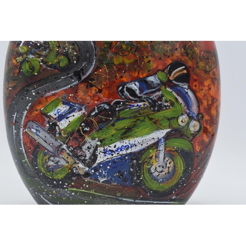 80 - Anita Harris Art Pottery 20cm purse vase in the 'Superbikes' pattern, unique one-off vase, designed ... 