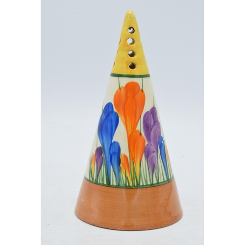 82 - Bizarre by Clarice Cliff 'Crocus' design conical sugar sifter, 13.5cm tall, with printed factory mar... 