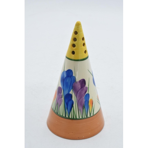 82 - Bizarre by Clarice Cliff 'Crocus' design conical sugar sifter, 13.5cm tall, with printed factory mar... 