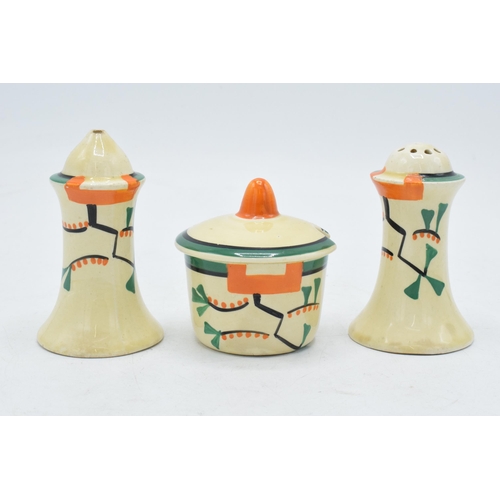 84 - Bizarre by Clarice Cliff Fantasque cruet set to include Salt, Pepper and Sauce Pot with lid (3).