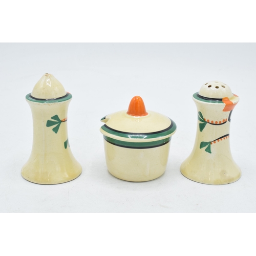 84 - Bizarre by Clarice Cliff Fantasque cruet set to include Salt, Pepper and Sauce Pot with lid (3).