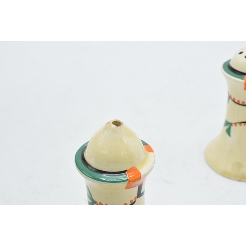 84 - Bizarre by Clarice Cliff Fantasque cruet set to include Salt, Pepper and Sauce Pot with lid (3).