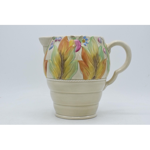 84A - Clarice Cliff Newport Pottery large floral ribbed jug '41A', 19cm tall.