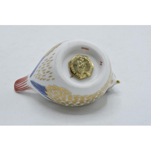 9 - Boxed Royal Crown Derby paperweight in the form of a Goldcrest. First quality with gold stopper.